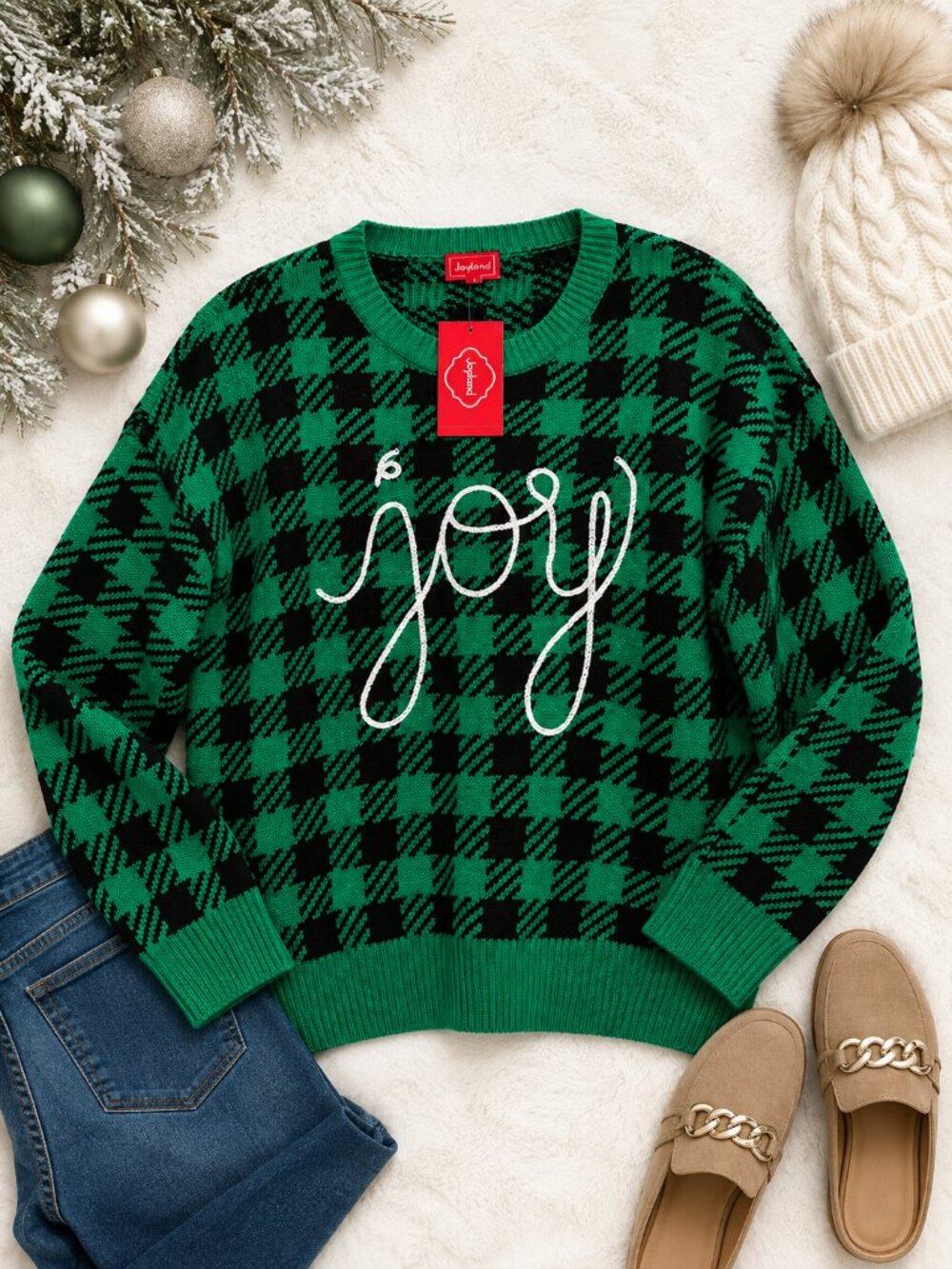 Joyland Joy Christmas Sweater Green Black Buffalo Plaid Size Large NWT
